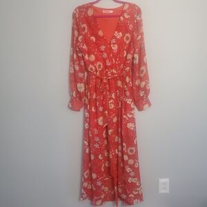 Inmod Woman's Red Floral Maxi Dress Long Sleeve Sz L Tropical Beach Resortwear